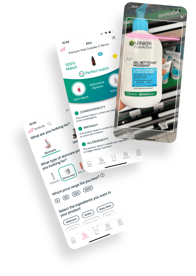 Screenshot of SkinBuddy showing personalized skincare insights and recommendations